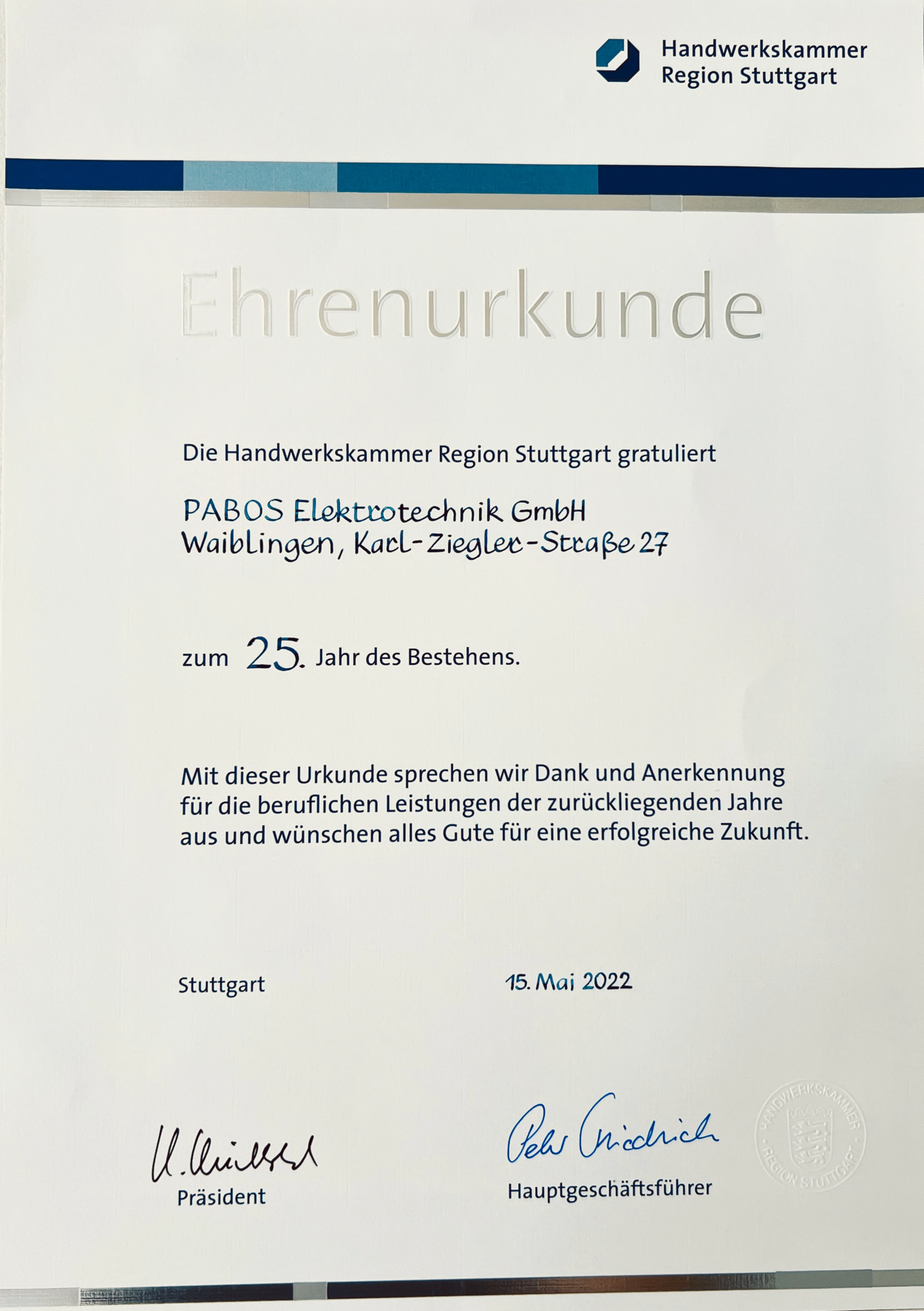 Handwerkskammer Urkunde - 25. Jahre Bestehen bei Pabos Elektrotechnik GmbH in Waiblingen